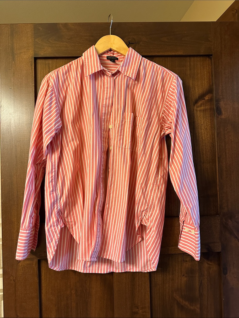 Ann Taylor Pink and White Striped Button-Down Shirt